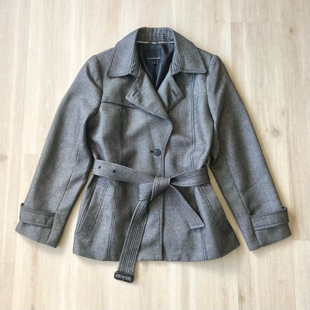 Banana Republic Belted Houndstooth Coat Black Brown Tan size 14